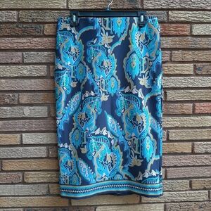 Eci Medium Blue Paisley Midi Pencil Skirt